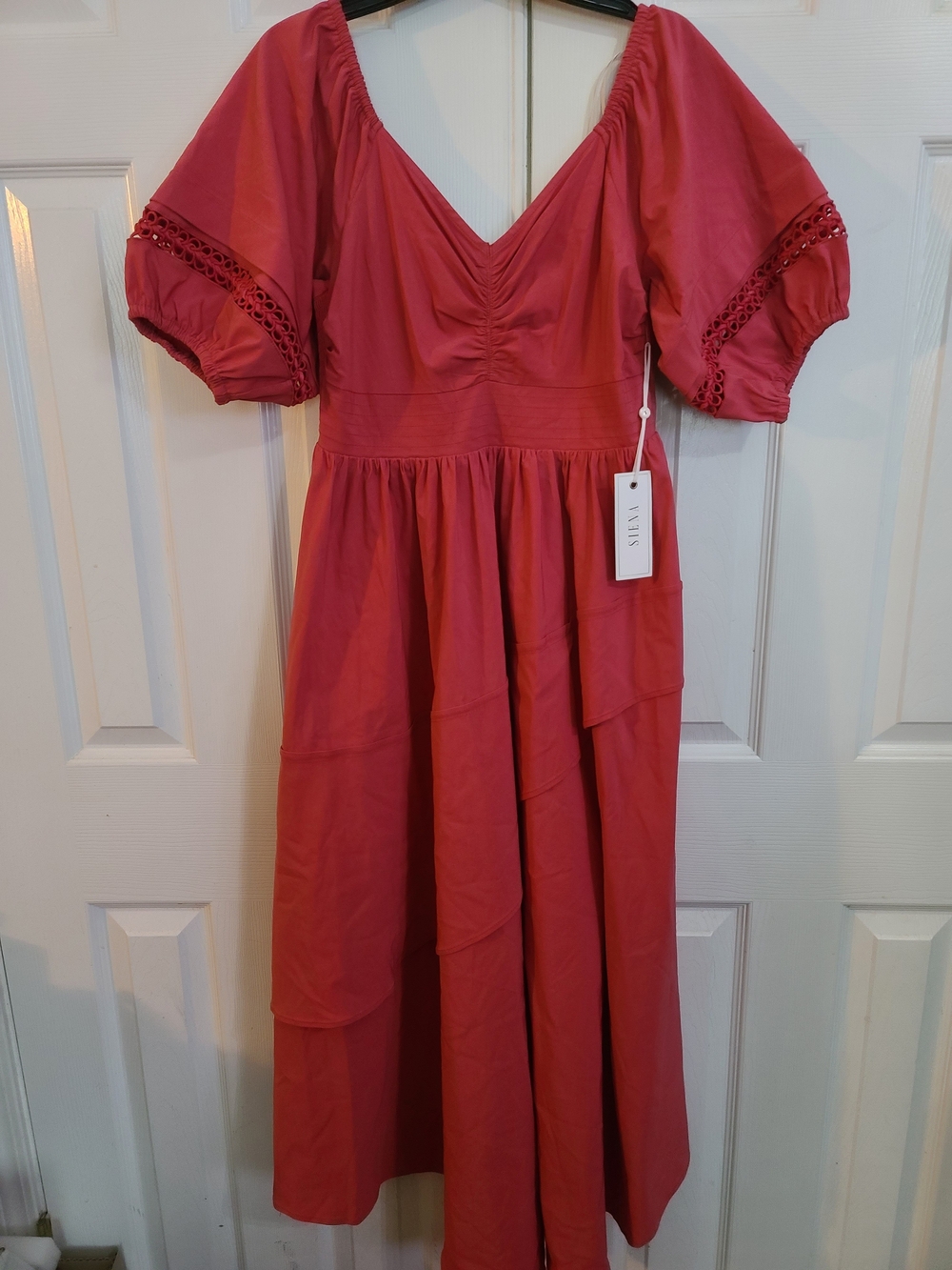 Siena Studio Coral Tiered Puff Sleeve Dress with Crochet Detail
